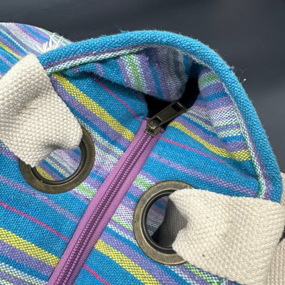 Striped Woven Canvas Tote Bag Zipper Handles Beach Bag Blue Purple Michael Stars - Picture 6 of 11